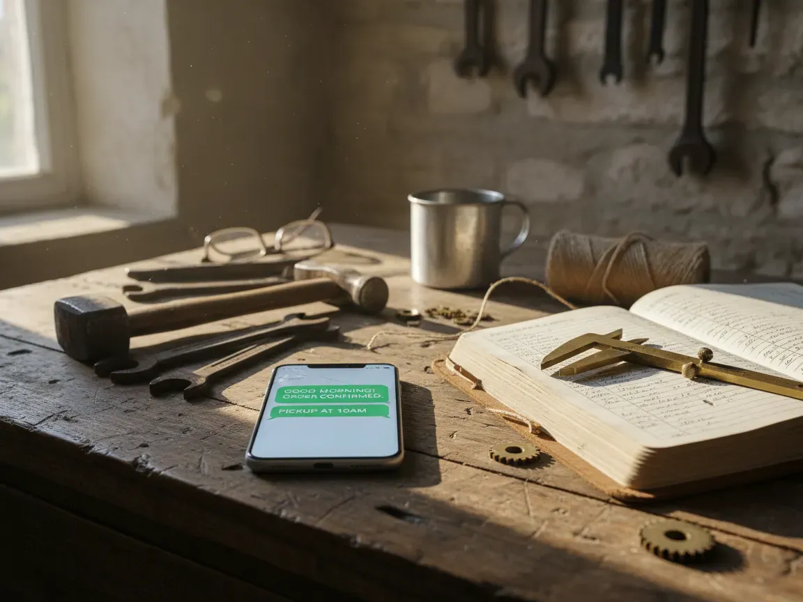 Glowing smartphone displaying texts on a rustic workshop desk with an open ledger, brass caliper, and vintage tools.